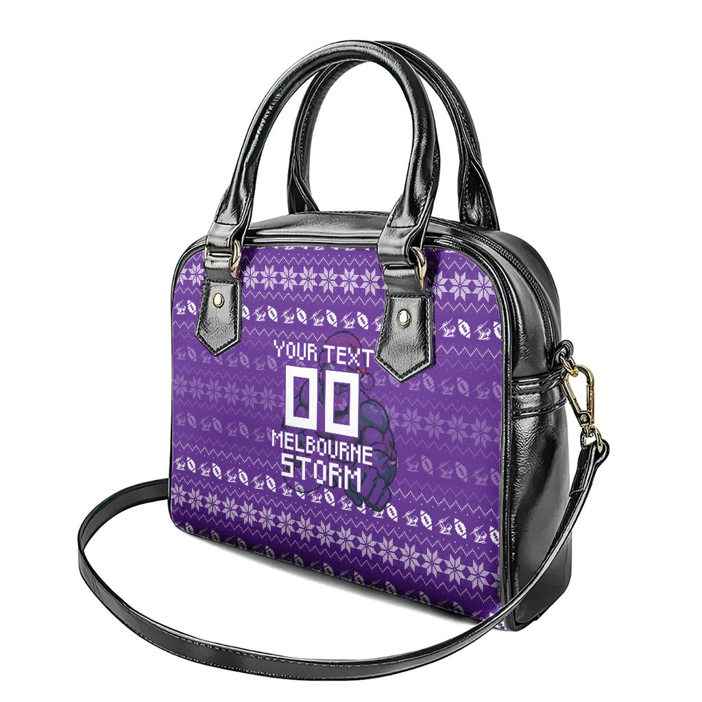 Personalized Melbourne Storm Christmas Shoulder Handbag Australian Rugby Fans - Pixelated Ugly Xmas Pattern Mascot Santa