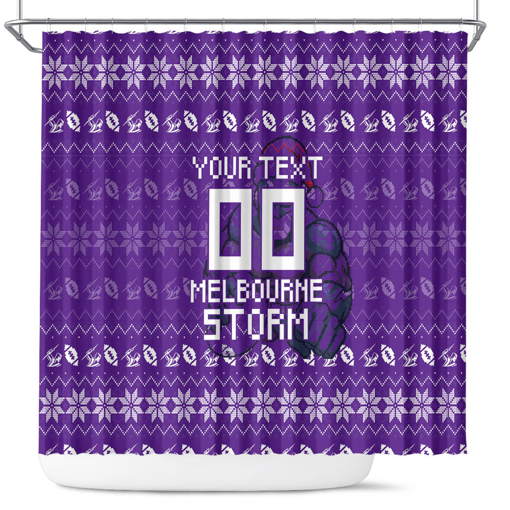 Personalized Melbourne Storm Christmas Shower Curtain Australian Rugby Fans - Pixelated Ugly Xmas Pattern Mascot Santa