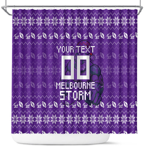 Personalized Melbourne Storm Christmas Shower Curtain Australian Rugby Fans - Pixelated Ugly Xmas Pattern Mascot Santa