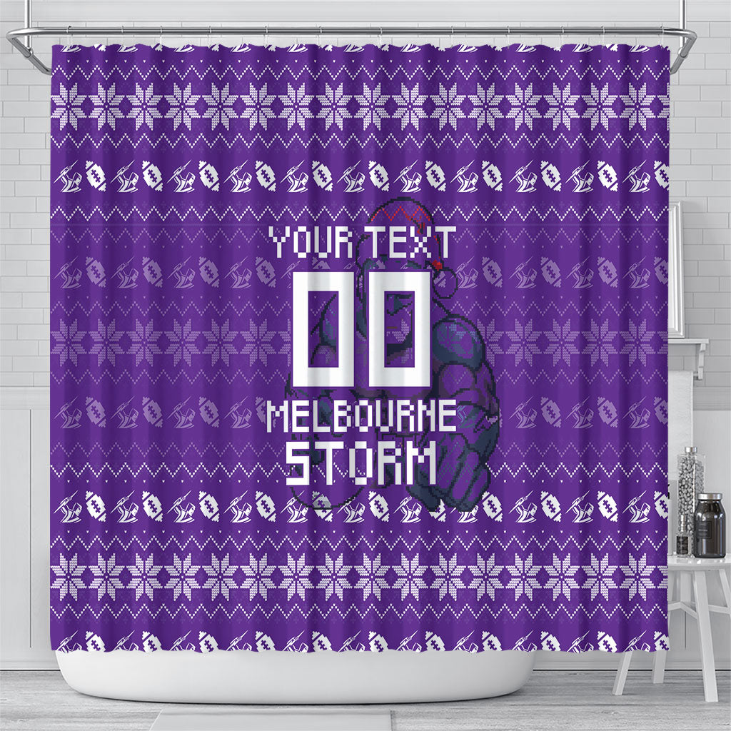Personalized Melbourne Storm Christmas Shower Curtain Australian Rugby Fans - Pixelated Ugly Xmas Pattern Mascot Santa