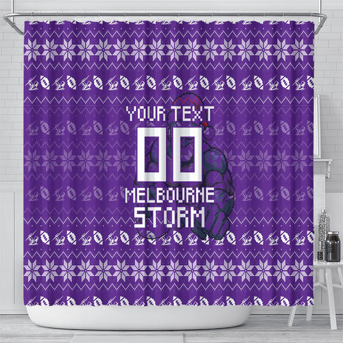 Personalized Melbourne Storm Christmas Shower Curtain Australian Rugby Fans - Pixelated Ugly Xmas Pattern Mascot Santa