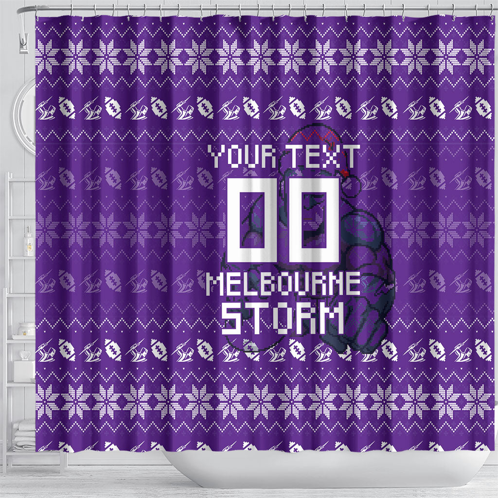 Personalized Melbourne Storm Christmas Shower Curtain Australian Rugby Fans - Pixelated Ugly Xmas Pattern Mascot Santa