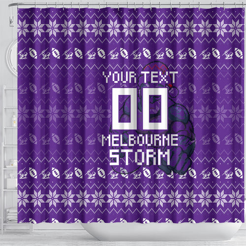 Personalized Melbourne Storm Christmas Shower Curtain Australian Rugby Fans - Pixelated Ugly Xmas Pattern Mascot Santa