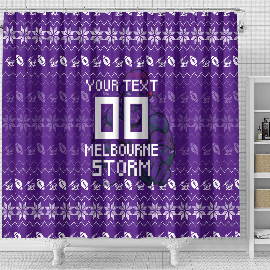 Personalized Melbourne Storm Christmas Shower Curtain Australian Rugby Fans - Pixelated Ugly Xmas Pattern Mascot Santa