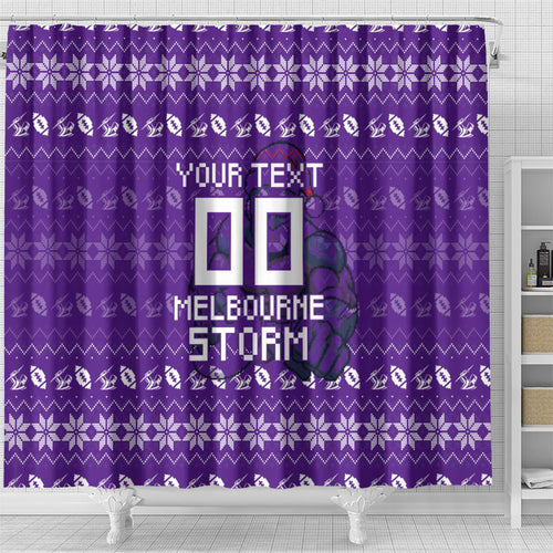 Personalized Melbourne Storm Christmas Shower Curtain Australian Rugby Fans - Pixelated Ugly Xmas Pattern Mascot Santa