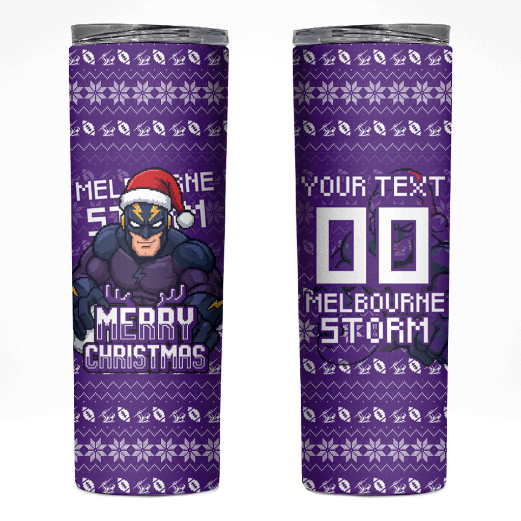 Personalized Melbourne Storm Christmas Skinny Tumbler Australian Rugby Fans - Pixelated Ugly Xmas Pattern Mascot Santa