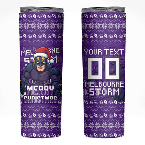 Personalized Melbourne Storm Christmas Skinny Tumbler Australian Rugby Fans - Pixelated Ugly Xmas Pattern Mascot Santa