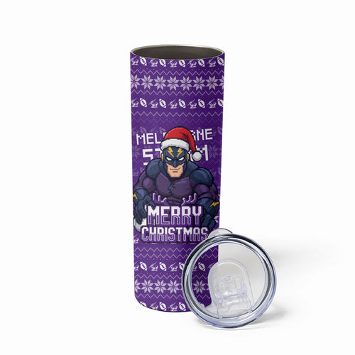 Personalized Melbourne Storm Christmas Skinny Tumbler Australian Rugby Fans - Pixelated Ugly Xmas Pattern Mascot Santa