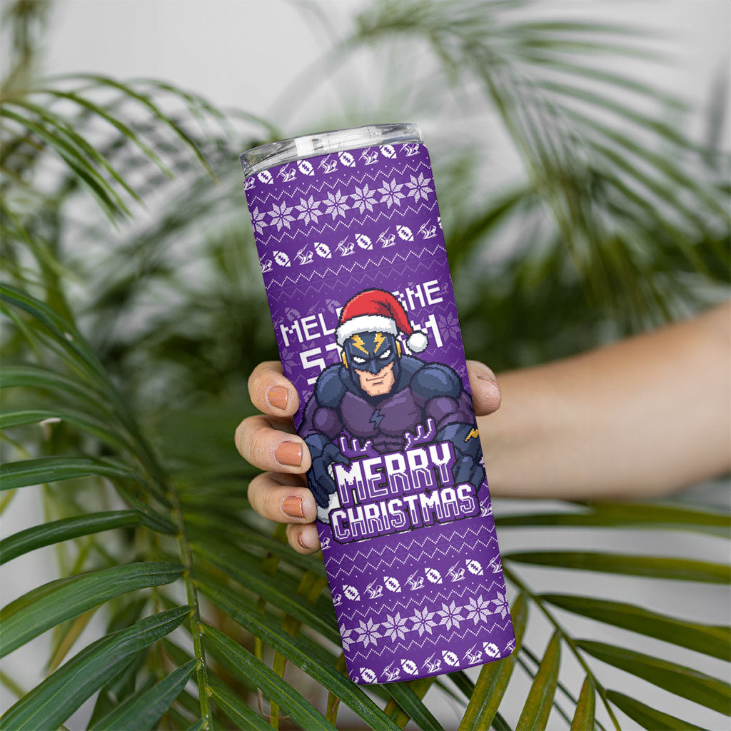 Personalized Melbourne Storm Christmas Skinny Tumbler Australian Rugby Fans - Pixelated Ugly Xmas Pattern Mascot Santa