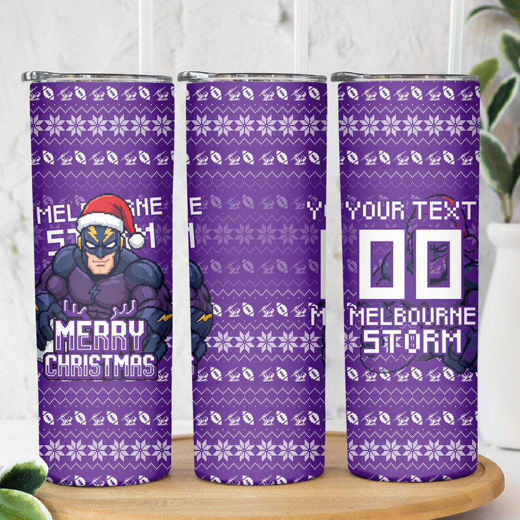 Personalized Melbourne Storm Christmas Skinny Tumbler Australian Rugby Fans - Pixelated Ugly Xmas Pattern Mascot Santa