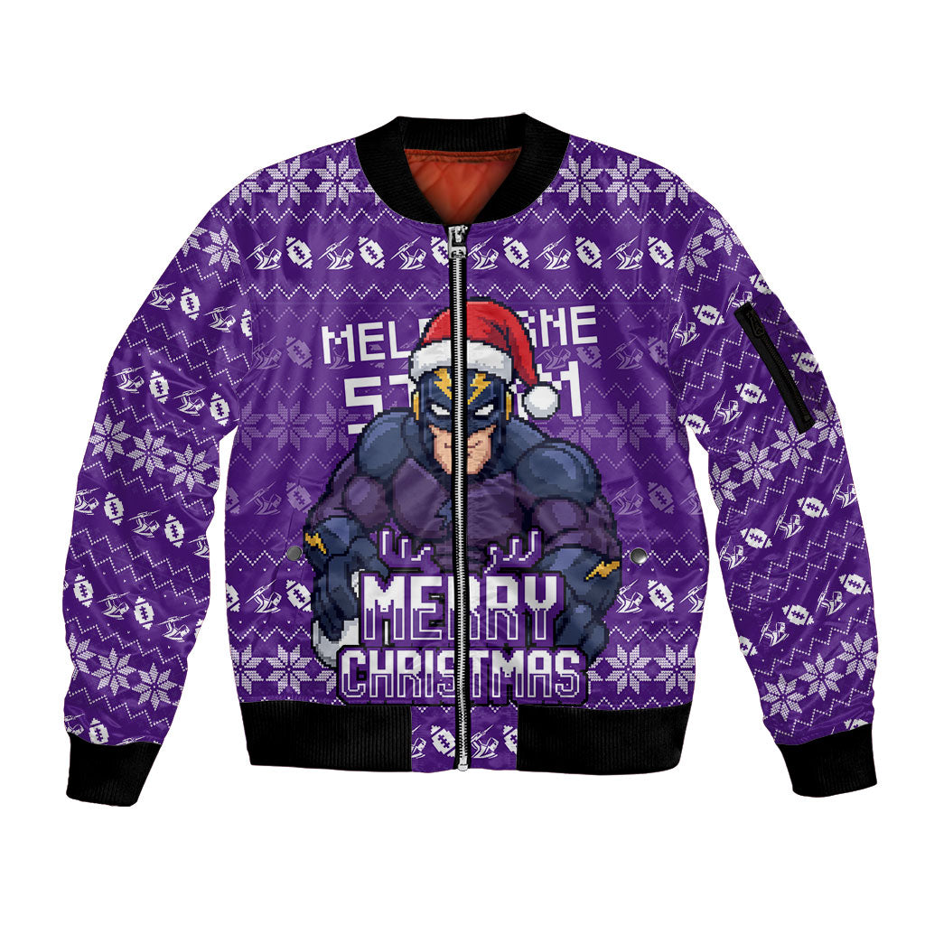 Personalized Melbourne Storm Christmas Sleeve Zip Bomber Jacket Australian Rugby Fans - Pixelated Ugly Xmas Pattern Mascot Santa