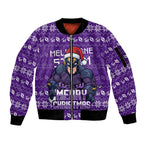 Personalized Melbourne Storm Christmas Sleeve Zip Bomber Jacket Australian Rugby Fans - Pixelated Ugly Xmas Pattern Mascot Santa