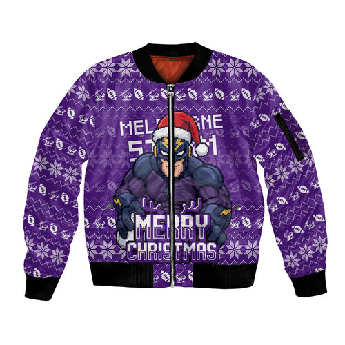 Personalized Melbourne Storm Christmas Sleeve Zip Bomber Jacket Australian Rugby Fans - Pixelated Ugly Xmas Pattern Mascot Santa