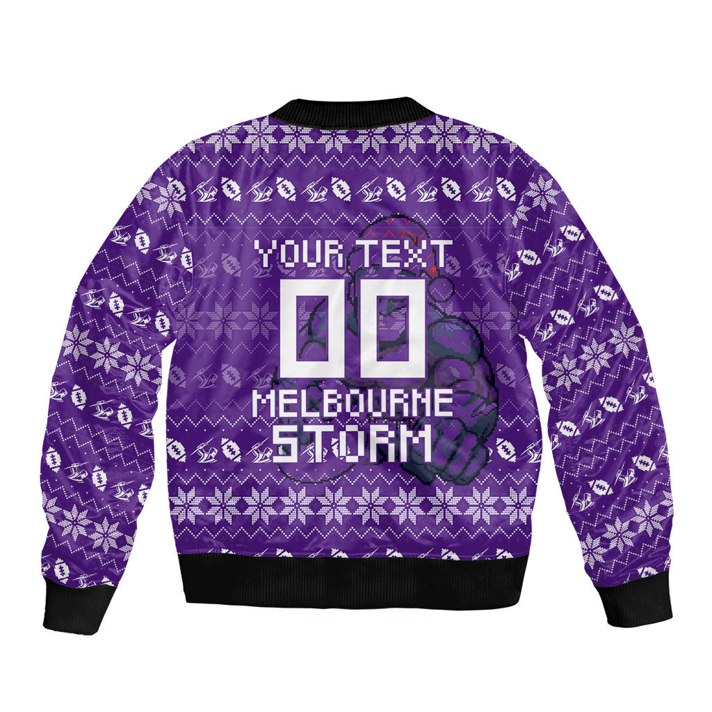 Personalized Melbourne Storm Christmas Sleeve Zip Bomber Jacket Australian Rugby Fans - Pixelated Ugly Xmas Pattern Mascot Santa