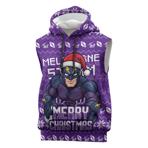 Personalized Melbourne Storm Christmas Sleeveless Hoodie Australian Rugby Fans - Pixelated Ugly Xmas Pattern Mascot Santa