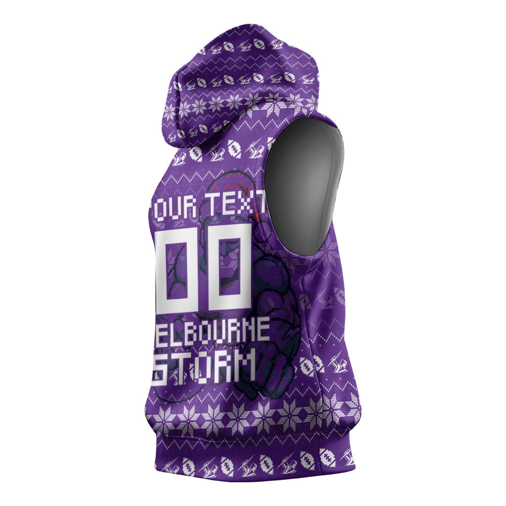 Personalized Melbourne Storm Christmas Sleeveless Hoodie Australian Rugby Fans - Pixelated Ugly Xmas Pattern Mascot Santa