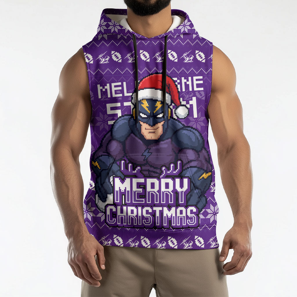 Personalized Melbourne Storm Christmas Sleeveless Hoodie Australian Rugby Fans - Pixelated Ugly Xmas Pattern Mascot Santa