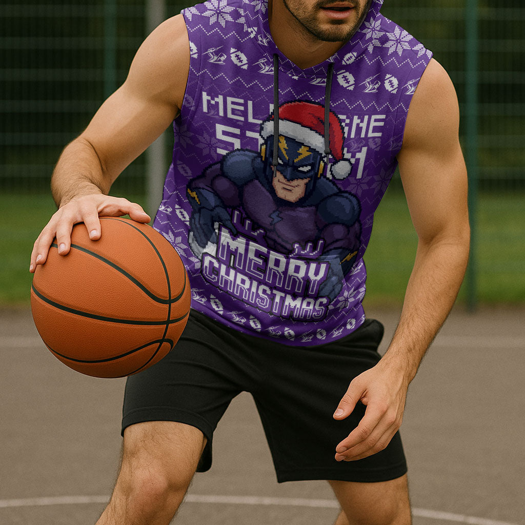 Personalized Melbourne Storm Christmas Sleeveless Hoodie Australian Rugby Fans - Pixelated Ugly Xmas Pattern Mascot Santa