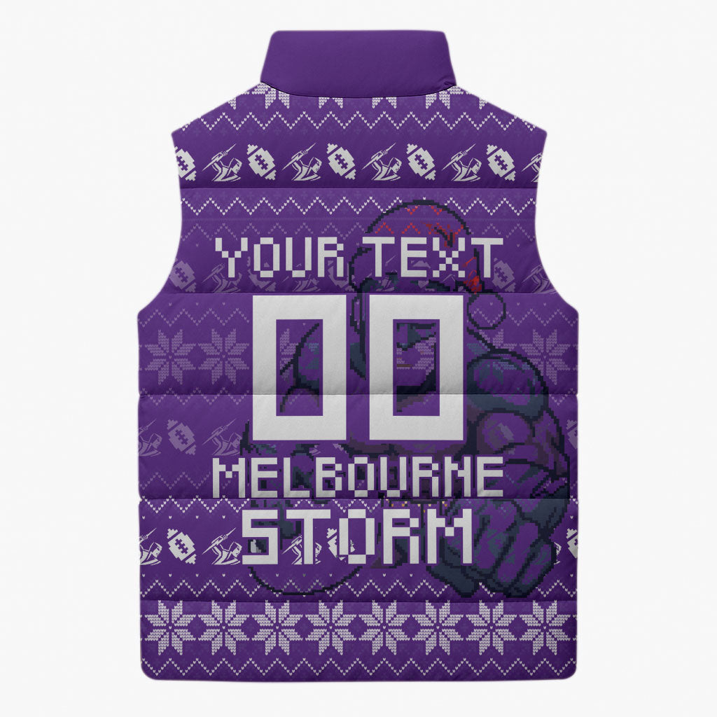 Personalized Melbourne Storm Christmas Sleeveless Puffer Jacket Australian Rugby Fans - Pixelated Ugly Xmas Pattern Mascot Santa