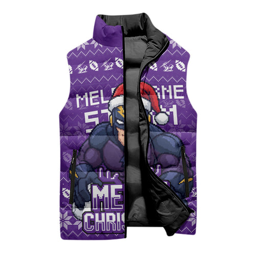 Personalized Melbourne Storm Christmas Sleeveless Puffer Jacket Australian Rugby Fans - Pixelated Ugly Xmas Pattern Mascot Santa