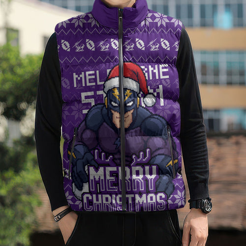 Personalized Melbourne Storm Christmas Sleeveless Puffer Jacket Australian Rugby Fans - Pixelated Ugly Xmas Pattern Mascot Santa