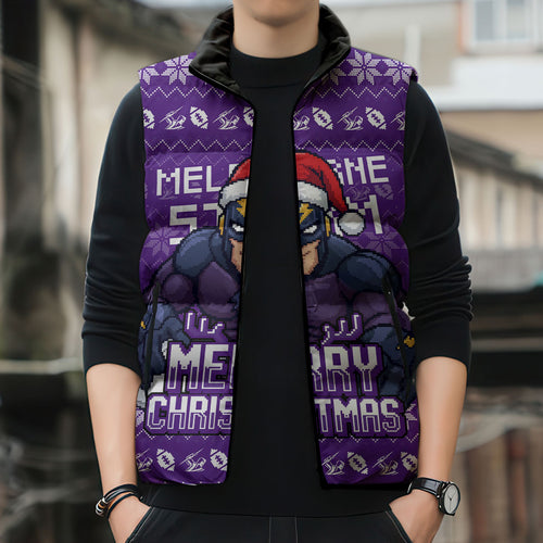 Personalized Melbourne Storm Christmas Sleeveless Puffer Jacket Australian Rugby Fans - Pixelated Ugly Xmas Pattern Mascot Santa