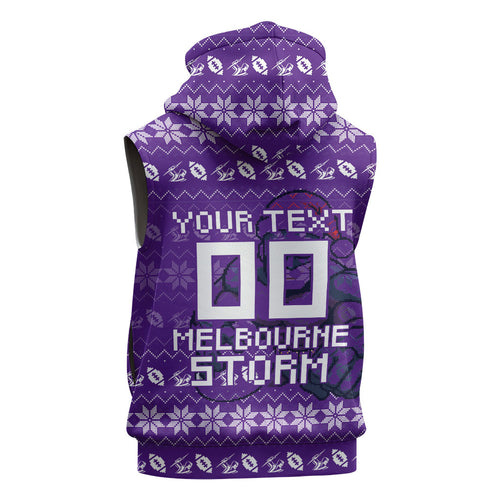 Personalized Melbourne Storm Christmas Sleeveless Zip Hoodie Australian Rugby Fans - Pixelated Ugly Xmas Pattern Mascot Santa