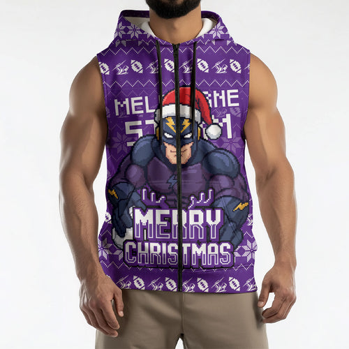 Personalized Melbourne Storm Christmas Sleeveless Zip Hoodie Australian Rugby Fans - Pixelated Ugly Xmas Pattern Mascot Santa