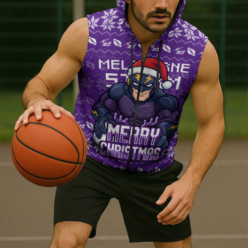 Personalized Melbourne Storm Christmas Sleeveless Zip Hoodie Australian Rugby Fans - Pixelated Ugly Xmas Pattern Mascot Santa