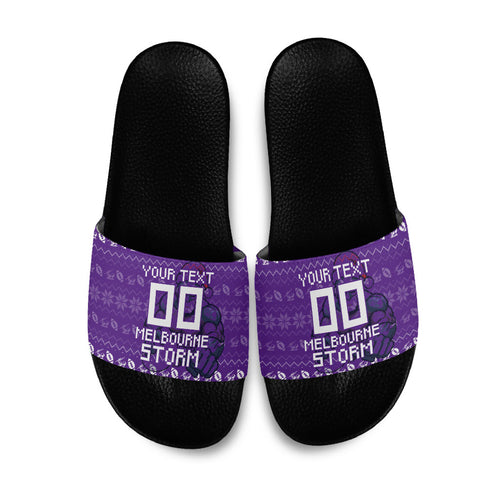 Personalized Melbourne Storm Christmas Slide Sandals Australian Rugby Fans - Pixelated Ugly Xmas Pattern Mascot Santa