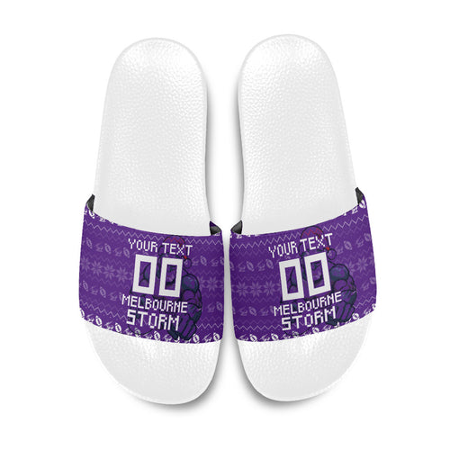 Personalized Melbourne Storm Christmas Slide Sandals Australian Rugby Fans - Pixelated Ugly Xmas Pattern Mascot Santa