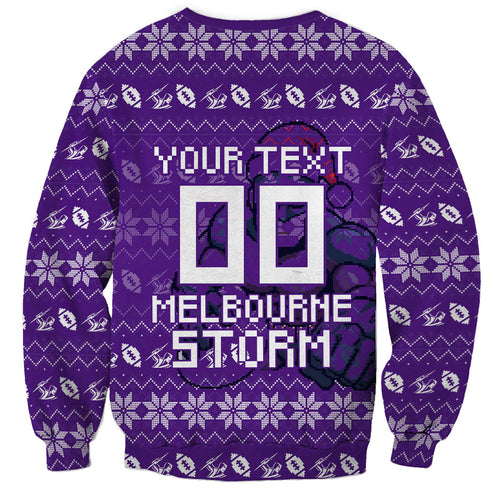 Personalized Melbourne Storm Christmas Sweatshirt Australian Rugby Fans - Pixelated Ugly Xmas Pattern Mascot Santa
