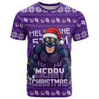 Personalized Melbourne Storm Christmas T Shirt Australian Rugby Fans - Pixelated Ugly Xmas Pattern Mascot Santa