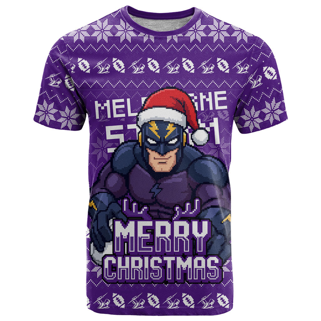 Personalized Melbourne Storm Christmas T Shirt Australian Rugby Fans - Pixelated Ugly Xmas Pattern Mascot Santa