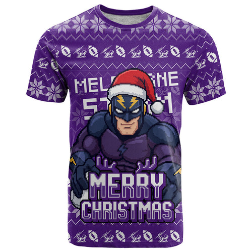 Personalized Melbourne Storm Christmas T Shirt Australian Rugby Fans - Pixelated Ugly Xmas Pattern Mascot Santa
