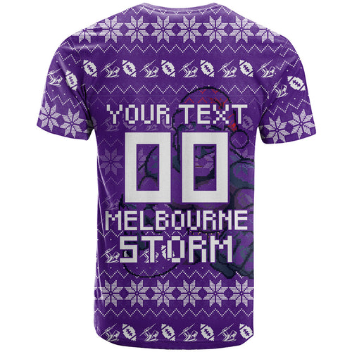 Personalized Melbourne Storm Christmas T Shirt Australian Rugby Fans - Pixelated Ugly Xmas Pattern Mascot Santa