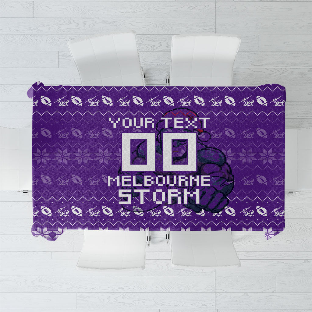 Personalized Melbourne Storm Christmas Tablecloth Australian Rugby Fans - Pixelated Ugly Xmas Pattern Mascot Santa