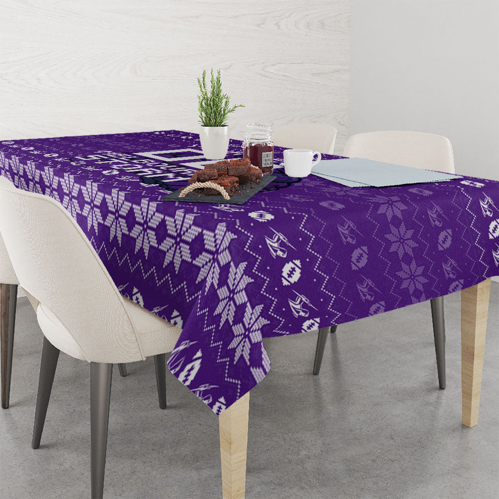 Personalized Melbourne Storm Christmas Tablecloth Australian Rugby Fans - Pixelated Ugly Xmas Pattern Mascot Santa