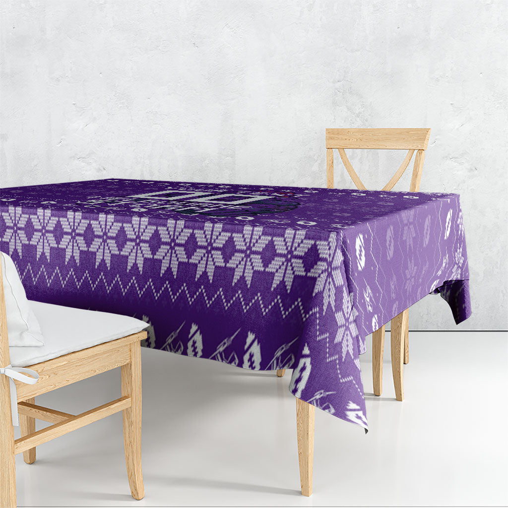 Personalized Melbourne Storm Christmas Tablecloth Australian Rugby Fans - Pixelated Ugly Xmas Pattern Mascot Santa