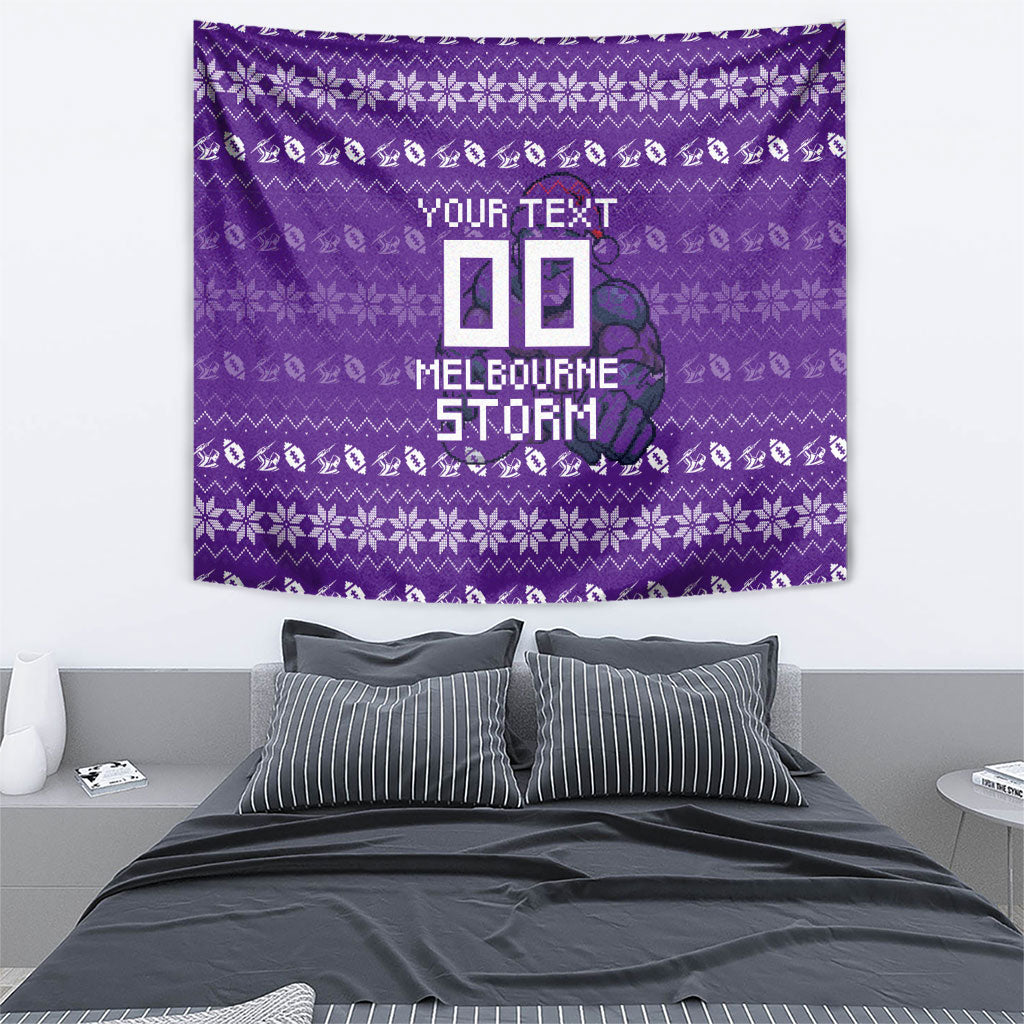 Personalized Melbourne Storm Christmas Tapestry Australian Rugby Fans - Pixelated Ugly Xmas Pattern Mascot Santa