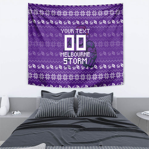 Personalized Melbourne Storm Christmas Tapestry Australian Rugby Fans - Pixelated Ugly Xmas Pattern Mascot Santa