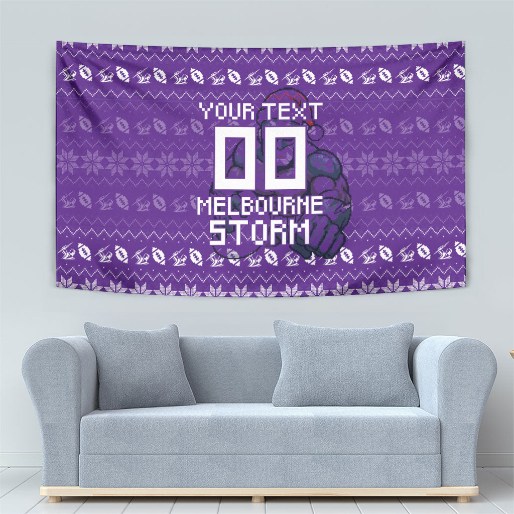 Personalized Melbourne Storm Christmas Tapestry Australian Rugby Fans - Pixelated Ugly Xmas Pattern Mascot Santa