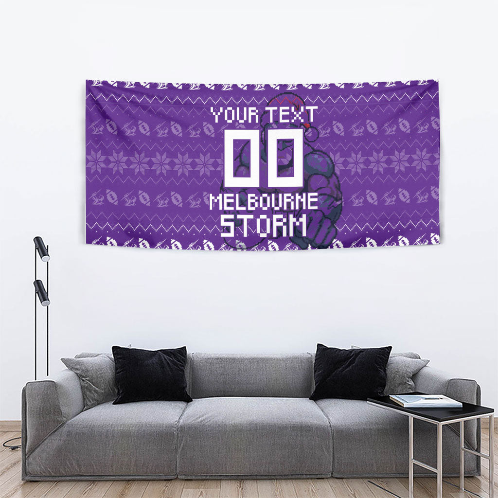 Personalized Melbourne Storm Christmas Tapestry Australian Rugby Fans - Pixelated Ugly Xmas Pattern Mascot Santa