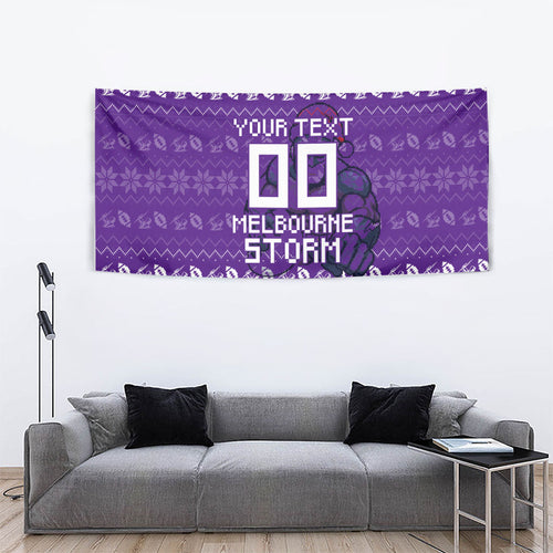 Personalized Melbourne Storm Christmas Tapestry Australian Rugby Fans - Pixelated Ugly Xmas Pattern Mascot Santa