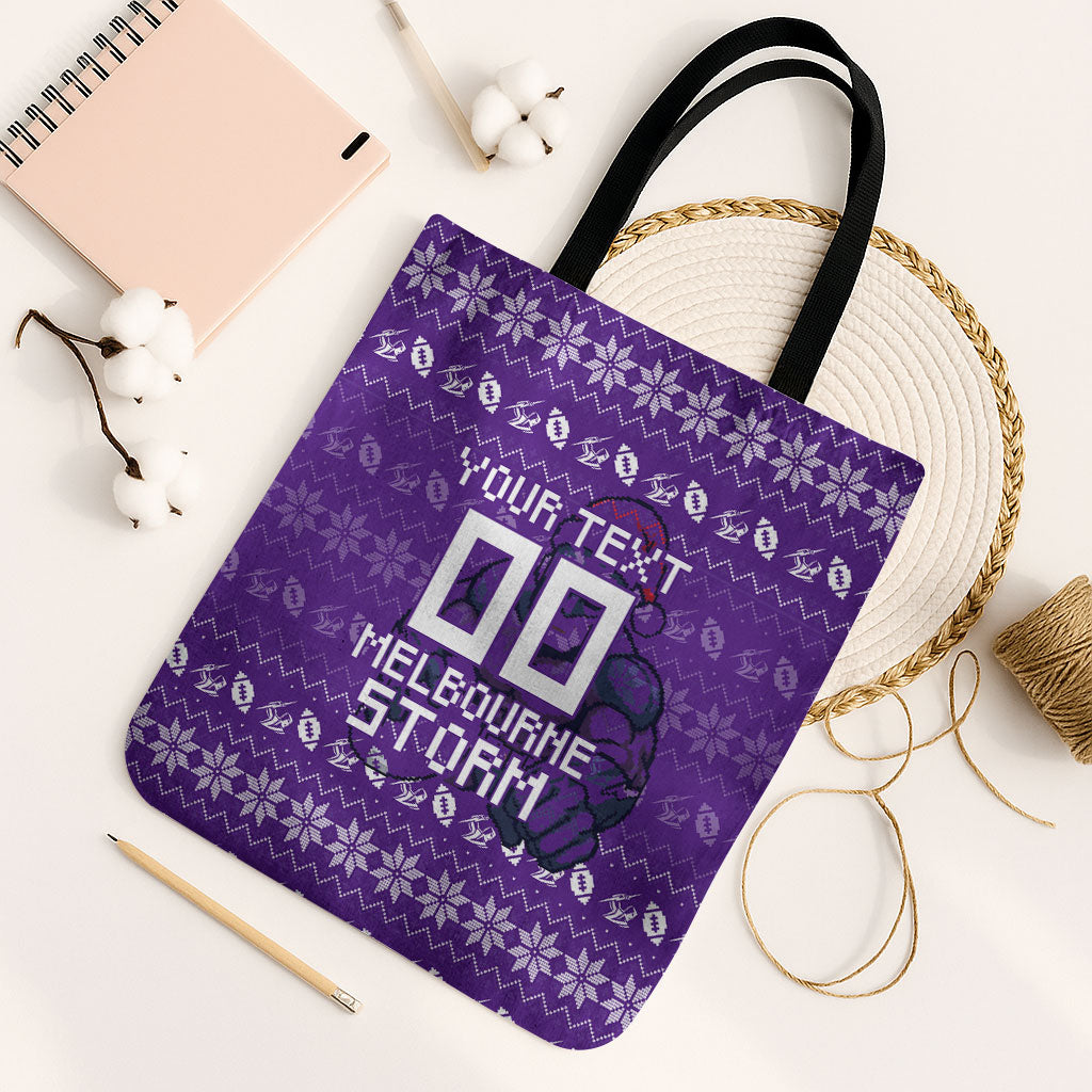 Personalized Melbourne Storm Christmas Tote Bag Australian Rugby Fans - Pixelated Ugly Xmas Pattern Mascot Santa