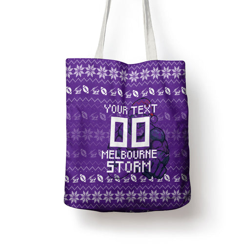 Personalized Melbourne Storm Christmas Tote Bag Australian Rugby Fans - Pixelated Ugly Xmas Pattern Mascot Santa