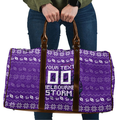 Personalized Melbourne Storm Christmas Travel Bag Australian Rugby Fans - Pixelated Ugly Xmas Pattern Mascot Santa