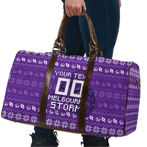 Personalized Melbourne Storm Christmas Travel Bag Australian Rugby Fans - Pixelated Ugly Xmas Pattern Mascot Santa