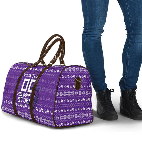 Personalized Melbourne Storm Christmas Travel Bag Australian Rugby Fans - Pixelated Ugly Xmas Pattern Mascot Santa