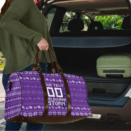 Personalized Melbourne Storm Christmas Travel Bag Australian Rugby Fans - Pixelated Ugly Xmas Pattern Mascot Santa